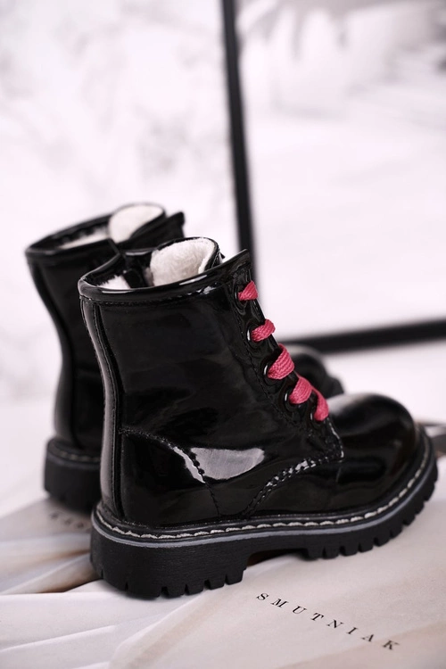 Dziecięce Botki Ocieplone Futerkiem Lakierowane Czarne Pinkie