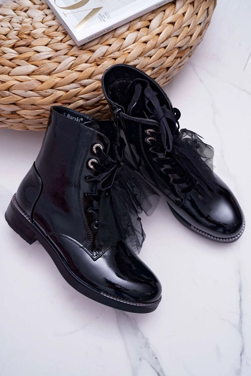 Botki Damskie Lakierowane Płaskie Czarne Barski 39-2