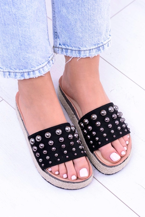 Damskie Czarne Klapki z Cyrkoniami Orto