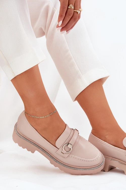 Mokasyny Damskie Zdobione Cyrkoniami Beżowe Patina