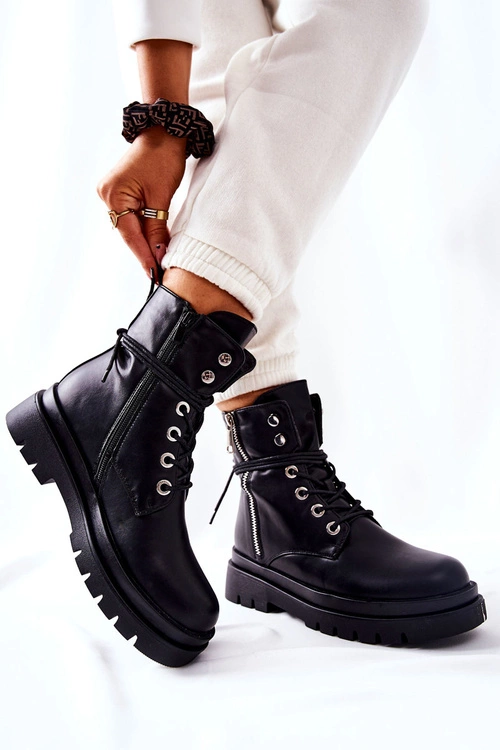 Botki Na Suwak Z Wiązaniem Czarne Elissmo