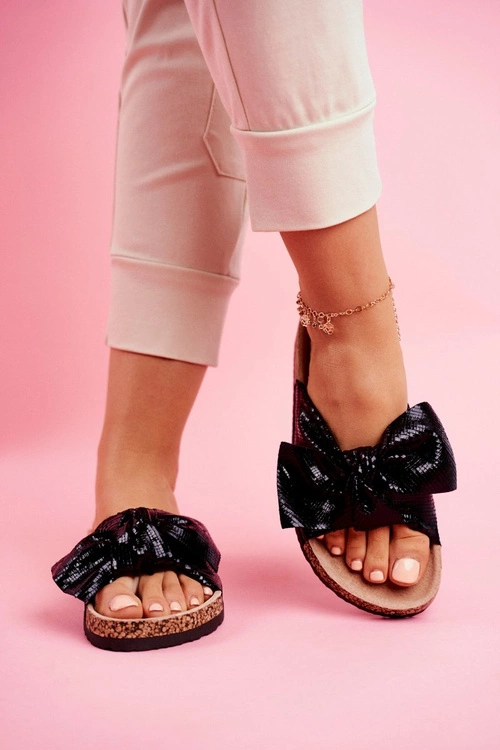 Klapki Damskie z Dużą Kokardą Czarne Lovely Time