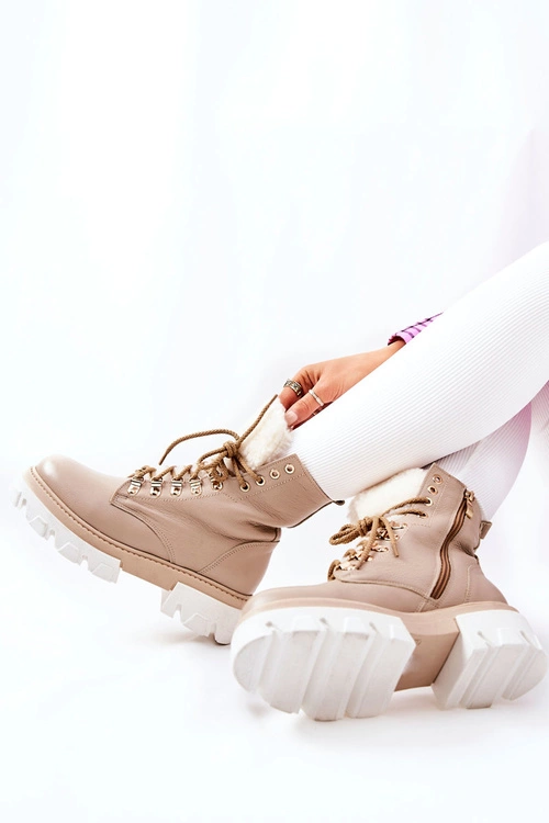 Ocieplane Skórzane Botki Workery Beżowe Lecolly