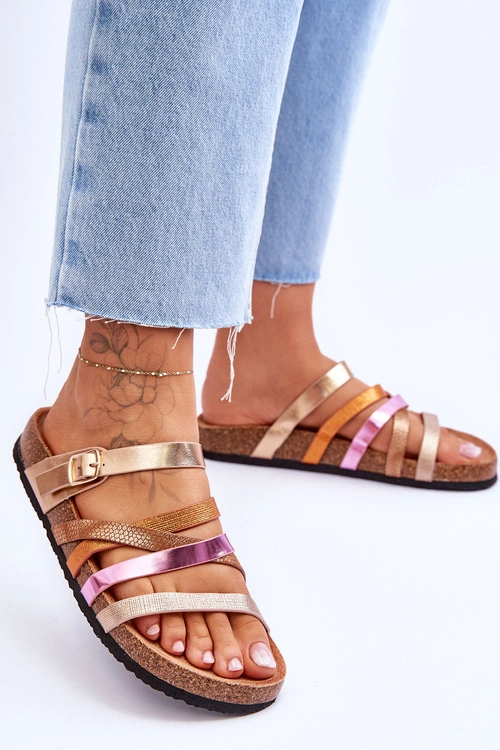 Damskie Klapki Na Platformie Z Paskami Złote Clover