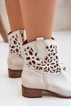 Zazoo 3404 Ażurowe Botki Kowbojki Na Niskim Obcasie Skórzane Złoty Przecierany