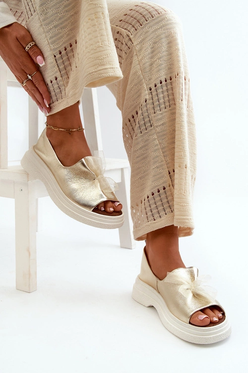 Zazoo 2939 Skórzane Sandały Damskie Z Kokardką Złote