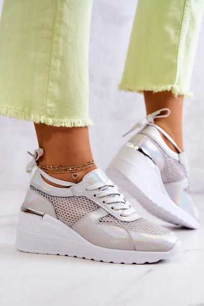 Skórzane Sneakersy Na Koturnie Z Siateczką S.Barski Srebrne