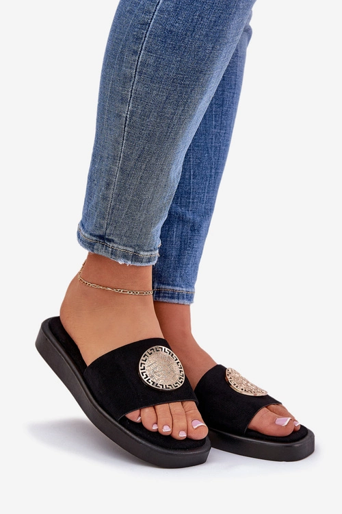 Klapki Damskie Ze Złotą Ozdobą Czarne Kaliora