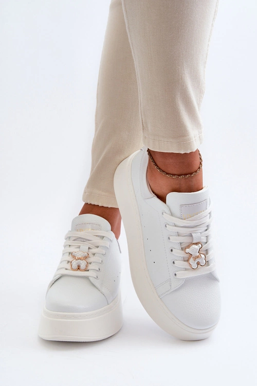 Damskie Skórzane Sneakersy Na Platformie Z Misiem Białe Vinceza 66641