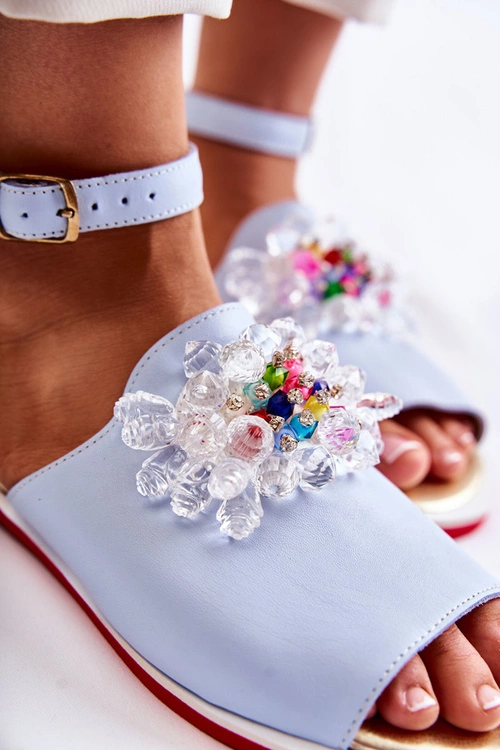 Damskie Skórzane Sandałki Z Ozdobą Niebieskie Nevassa