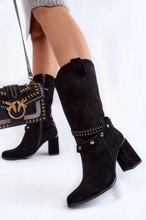 Damskie Zamszowe Kozaki Na Obcasie Lewski Shoes 2934/B Czarne