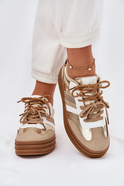 Sneakersy Damskie Na Platformie Z Podwójnym Sznurowaniem Panterka Złote Niteria
