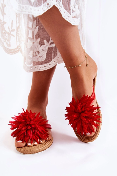 Damskie Klapki Japonki Z Materiałową Ozdobą Czerwone Eviana