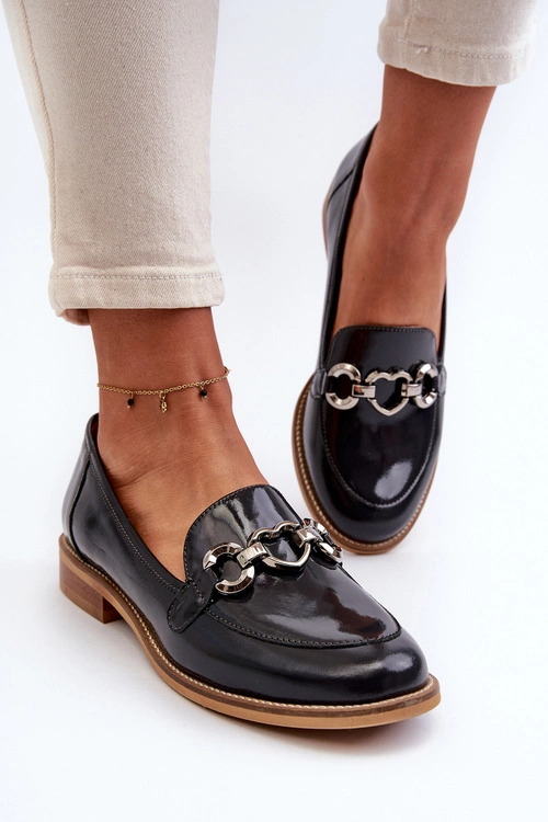 Skórzane Damskie Lakierowane Mokasyny Laura Messi 2760 Granatowe