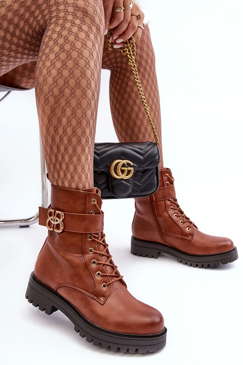 Botki Workery Damskie Na Suwak Z Ozdobą Brązowe Ciossava