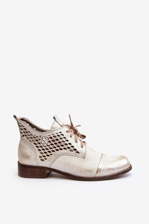 Zazoo 2878 Niskie Ażurowe Botki Skórzane Damskie Srebrne