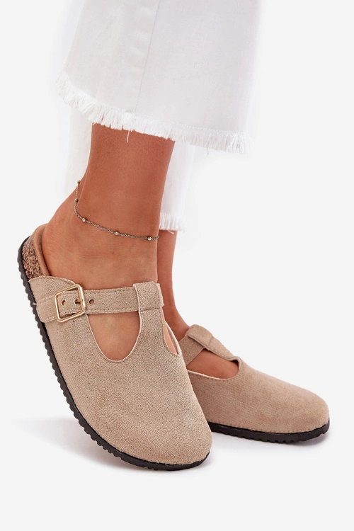 Klapki Chodaki Damskie Ze Złotą Klamrą Beżowe Lirina