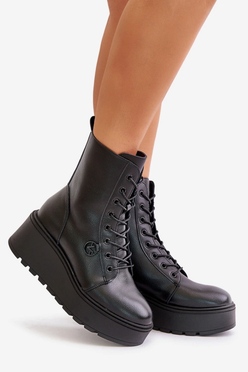 Skórzane Botki Workery Ocieplane Na Platformie I Koturnie Vinceza 58338 Czarne