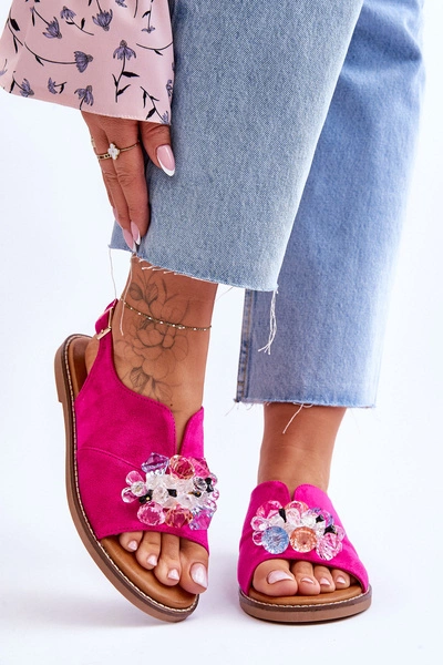 Damskie Zamszowe Sandały Z Kamieniami Fuksja Mersea