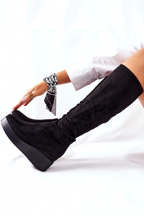 Zamszowe Kozaki Na Koturnie S. Barski Czarne Celina