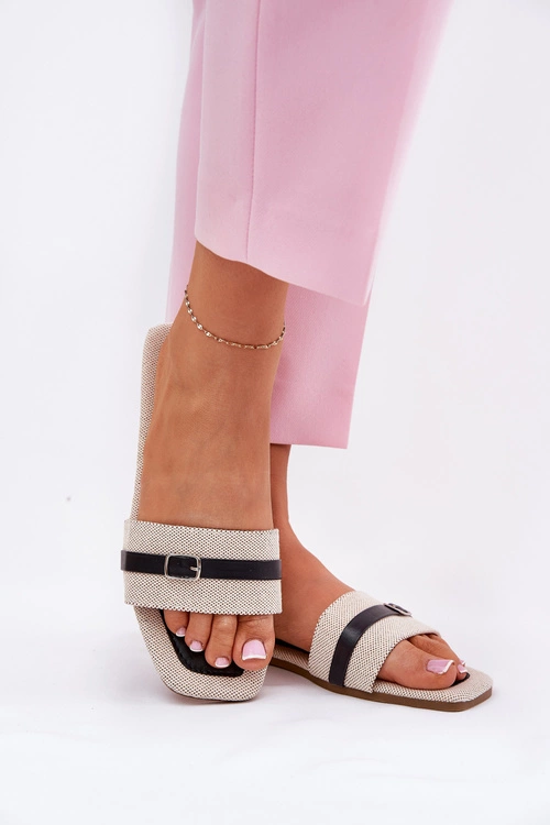 Płaskie Klapki Damskie Z Paskiem I Sprzączką Beżowo-Czarne Zilina