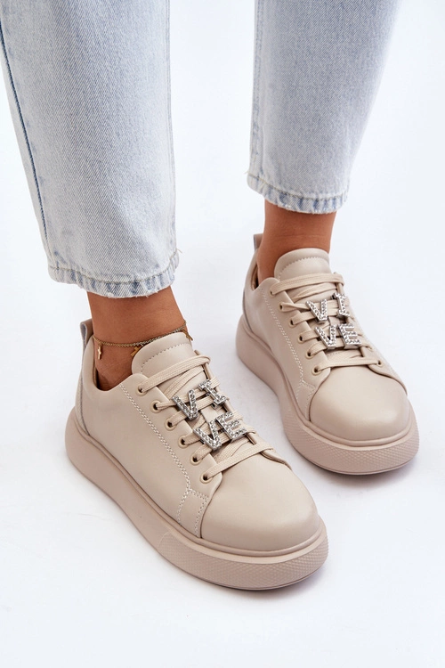 Damskie Sneakersy Skórzane Z Ozdobami Beżowe Dysuria