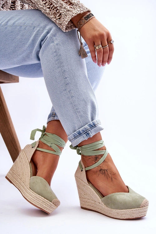 Damskie Wiązane Sandały Na Koturnie Zielone Bethany