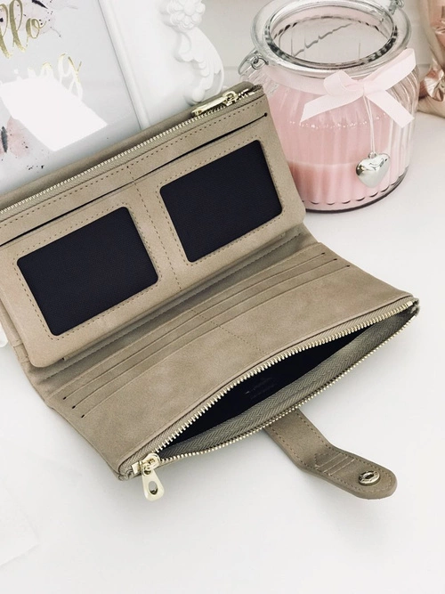 Duży Damski Beżowy Portfel Złote Okucia