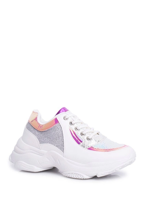 Sportowe Damskie Buty Brokatowe Białe Vebi