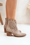 Ażurowe Botki Kowbojki Skórzane Na Słupku Lewski 3613 Ciemnobeżowe