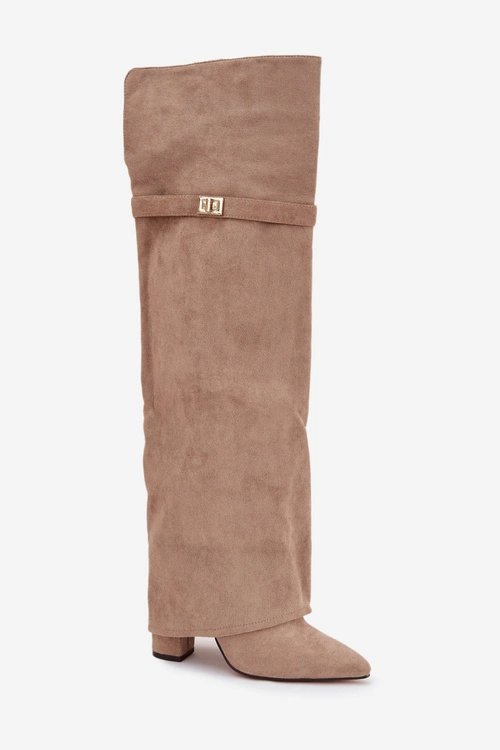 Ocieplane Kozaki Z Wywiniętą Cholewką Za Kolano Obcas Słupek Beżowe Serelle