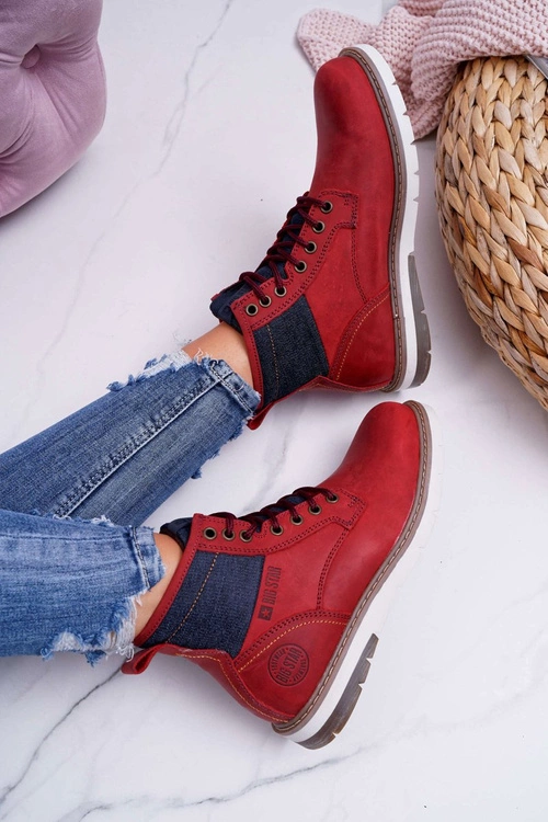 Damskie Botki Trapery Big Star Skórzane Bordowe EE274006