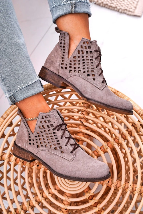 Damskie Ażurowe Botki Zamszowe Cappuccino Susannah