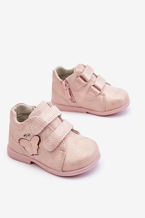 Skórzane Botki Na Rzepy Z Motylkiem Różowe Avi