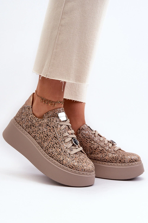 Skórzane Buty Sportowe Na Platformie Maciejka 06191-10 Beżowe