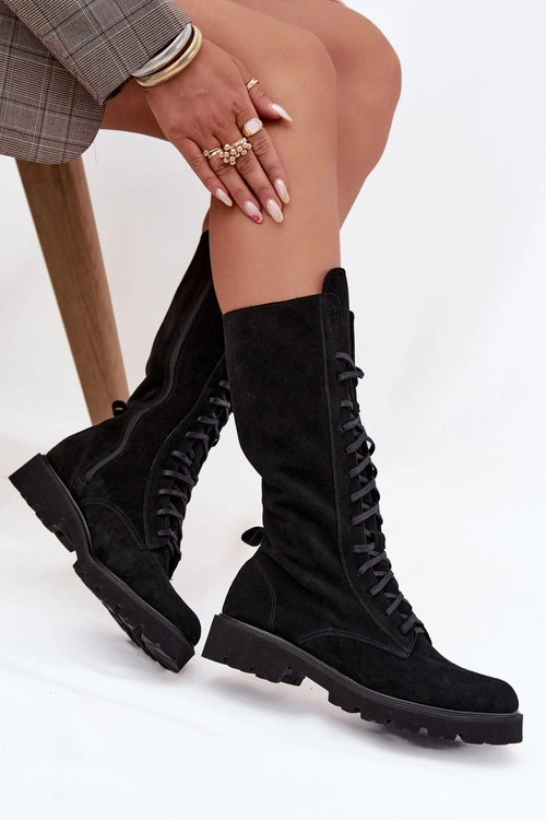 Zamszowe Botki Ze Sznurowaniem Do Połowy Łydki Zazoo 3103 Czarne