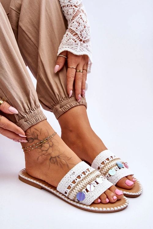 Damskie Plecione Zdobione Klapki Białe Millano