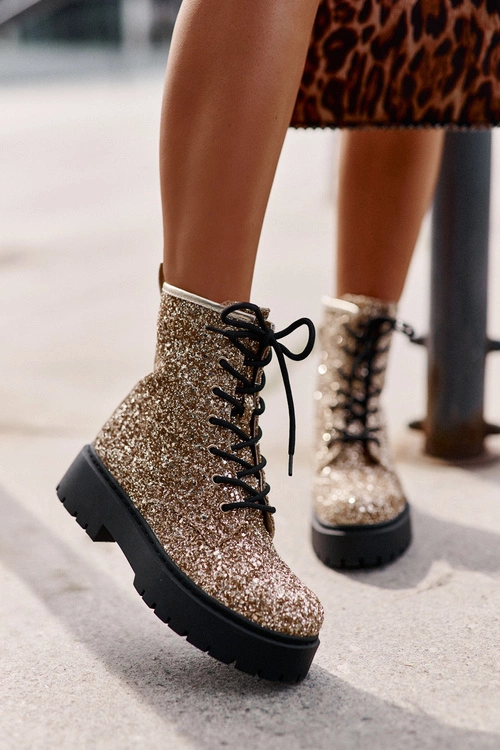 Ocieplane Botki Workery Damskie Ozdobione Cekinami Złote Liatheine