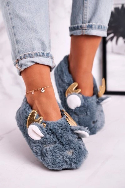 Świąteczne Ocieplane Futrzane Papcie Niebieskie Jingle Bells