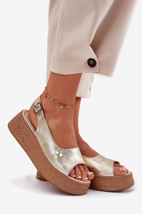 Skórzane Sandały Damskie Na Koturnie Vinceza 41476 Złote