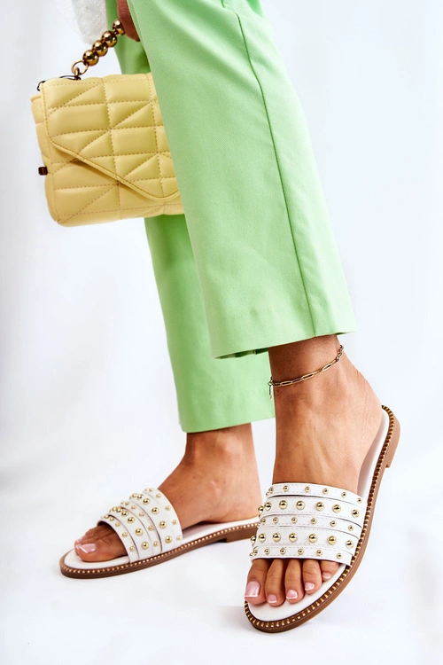 Damskie Skórzane Klapki Z Ozdobą Białe Brien