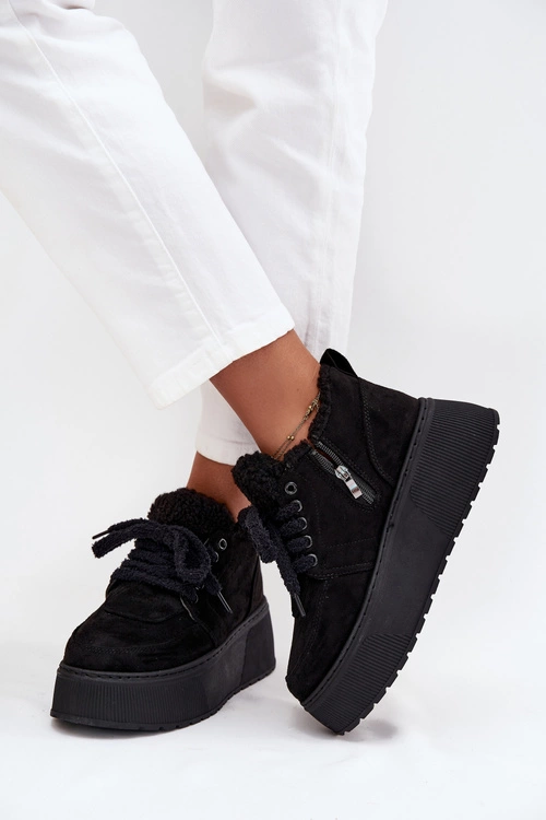 Śniegowce Damskie Na Platformie Z Futerkiem Typu Baranek Czarne Luma