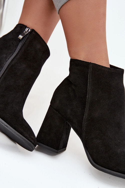 Botki Z Naturalnego Zamszu Obcas Słupek Ocieplane Czarne Zazoo 3128