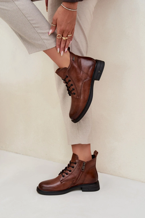 Ocieplane Skórzane Botki Damskie Na Niskim Obcasie Vinceza 39953 Brązowe