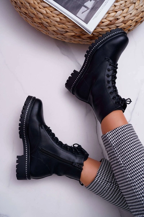 Botki Damskie Płaski Obcas Wysokie Glany Czarne Hippe