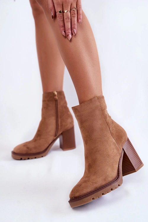 Damskie Zamszowe Botki Na Słupku Z Suwakiem Camel Odette