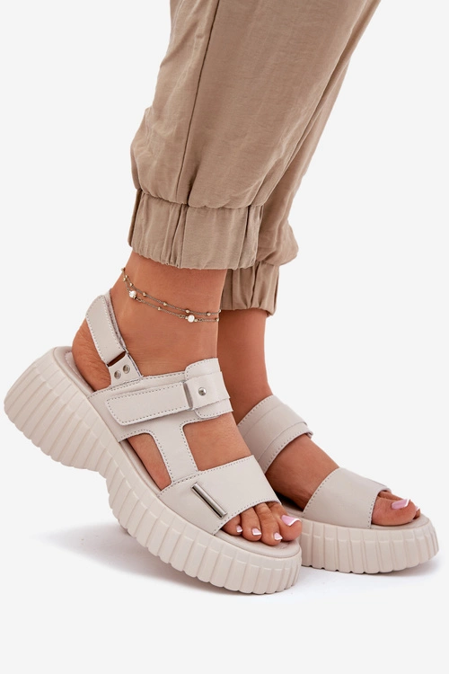 Skórzane Sandały Damskie Na Platformie Beżowe Mertella