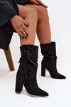 Botki Damskie Na Słupku Z Frędzlami I Marszczeniem Ocieplane Czarne Darlina