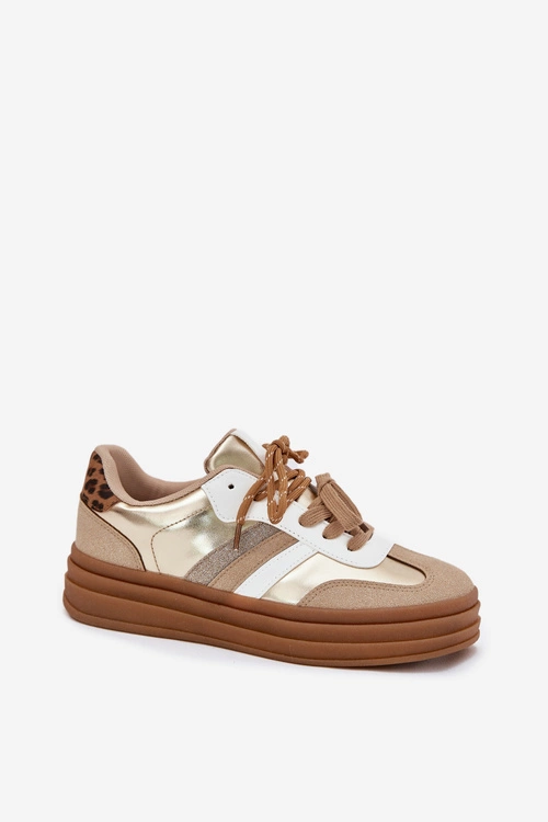 Sneakersy Damskie Na Platformie Z Podwójnym Sznurowaniem Panterka Złote Niteria