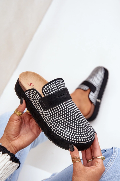 Klapki Damskie Zdobione Cyrkoniami Na Platformie Czarne Deorani